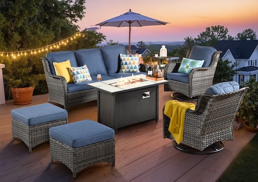 Benchcraft Wicker Patio Conversation Set with Fire Table